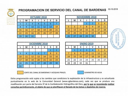 CALENDARIO CANAL DE BARDENAS 02-10-2018 CALENDARIO CANAL DE BARDENAS 02-10-2018