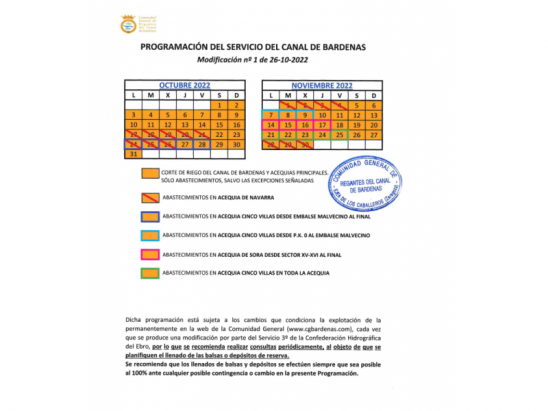 Calendario Programación Servicio Canal Bardenas Calendario Programación Servicio Canal Bardenas