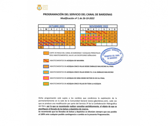 Calendario Programación Servicio Canal Bardenas